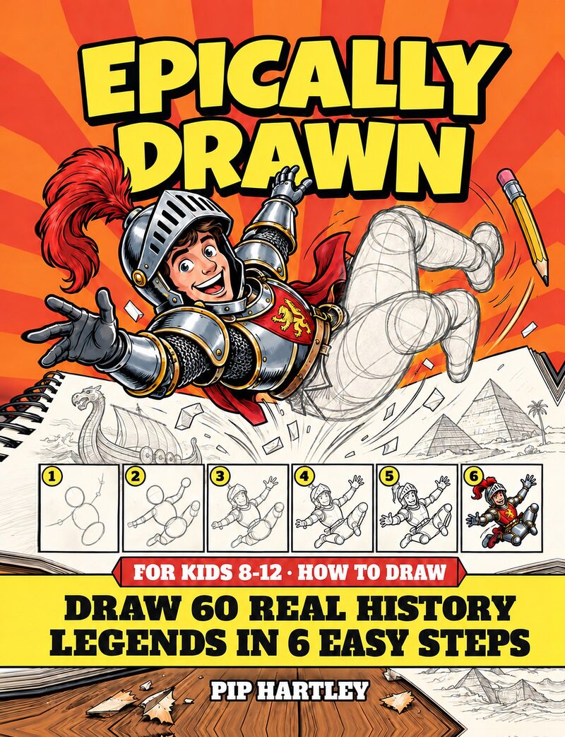 Cover preview of Epically Drawn by Pip Hartley: a grinning knight in armour leaps out of a sketchbook, half finished in pencil, above six numbered drawing steps.